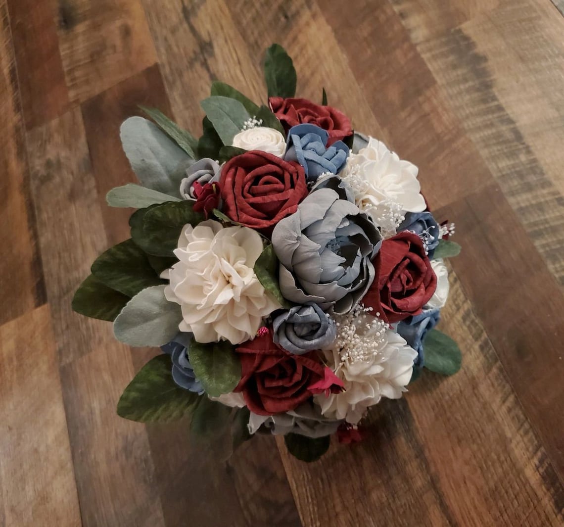 Burgundy, Gray and Dusty Blue Sola Wood Flower Bridal Bouquet with Hydrangeas, Roses and Peonies
