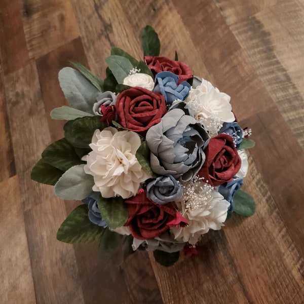 Hydrangea Bride Bouquet, Silver Gray Burgundy Dusty Blue & Cream Sola Wood Flower Bridal Bouquet, Bridesmaid MOH Bouquet, Wedding Flowers