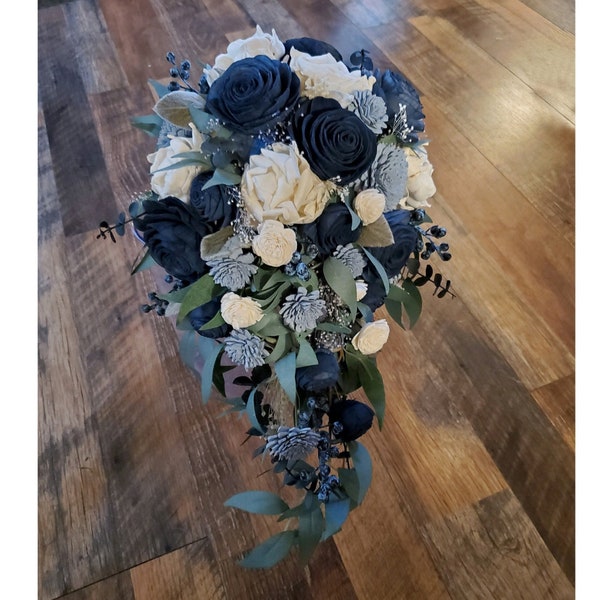 Navy Dusty Blue & White Cascade Sola Wood Bridal Bouquet, Lamb's Ear Eucalyptus Bouquet, Artificial Wooden Bouquet, Wedding Bouquet Flowers