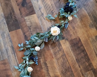 Navy Dusty Blue Wedding Garland, Sola Wood Flower Arch Decor, Blue White Table Runner, Flower Girl Garland, Artificial Flower Greenery