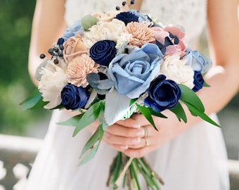 Garden Rose Bridal Bouquet, Blue & Pink Wedding Flowers, Blush Dusty Blue Bridesmaid Bouquet, Artificial White Natural Wedding Bouquet