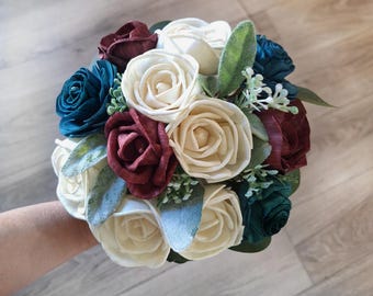 Burgundy & Teal Blue Bridal Bouquet Sola Wood Bridesmaid Wedding Flowers