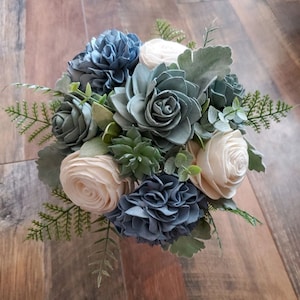 Dusty Blue Sage Sola Wood Bridal Bouquet with Succulents & Hydrangeas, Bridesmaid Wedding Bouquet, Dusty Blue Ivory and Sage Wedding Flowers