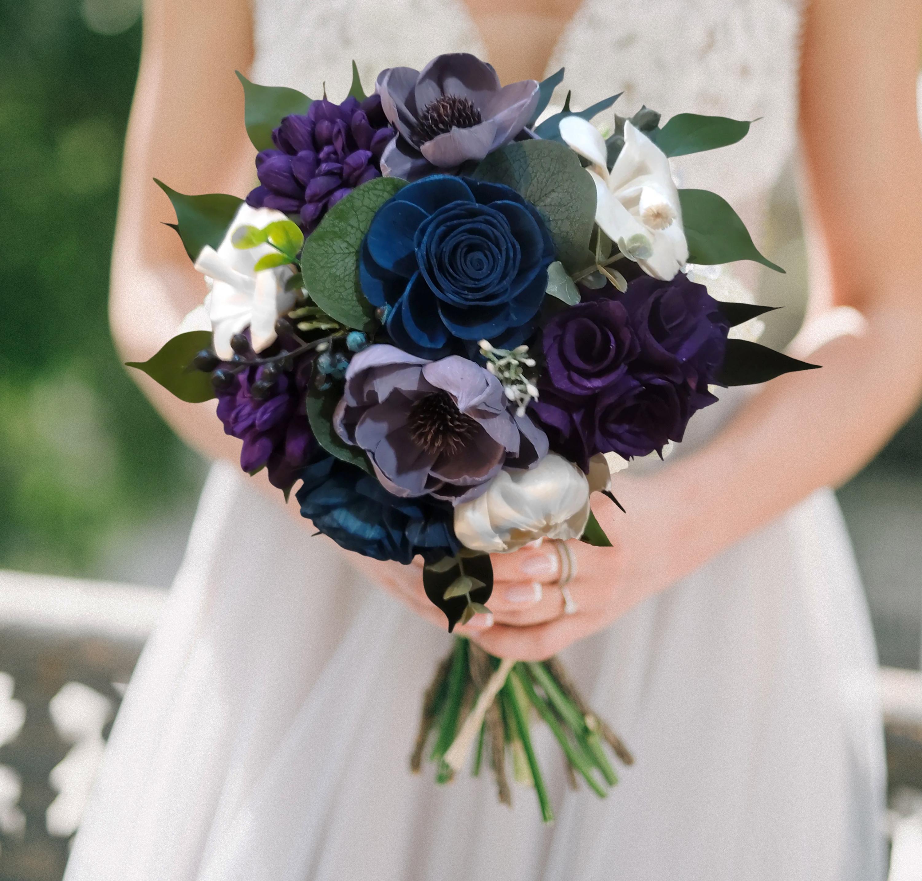 Purple & Navy Sola Wood Bridal Bouquet Blue Lavender Flower