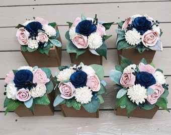Rustic Pink Wedding Centerpieces, 6PC Navy Blush Pink Box Centerpieces, Blue Event Centerpieces, Artificial Sola Wood Flower Table Decor Box