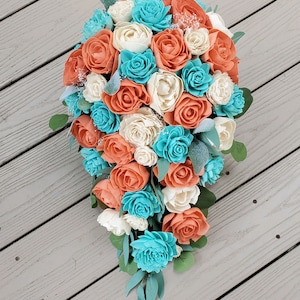 Coral Turquoise Bridal Bouquet, Sola Wood Cascade Bridal Bouquet, Blue Coral Wedding Flowers, Tropical Destination Wedding Bouquet