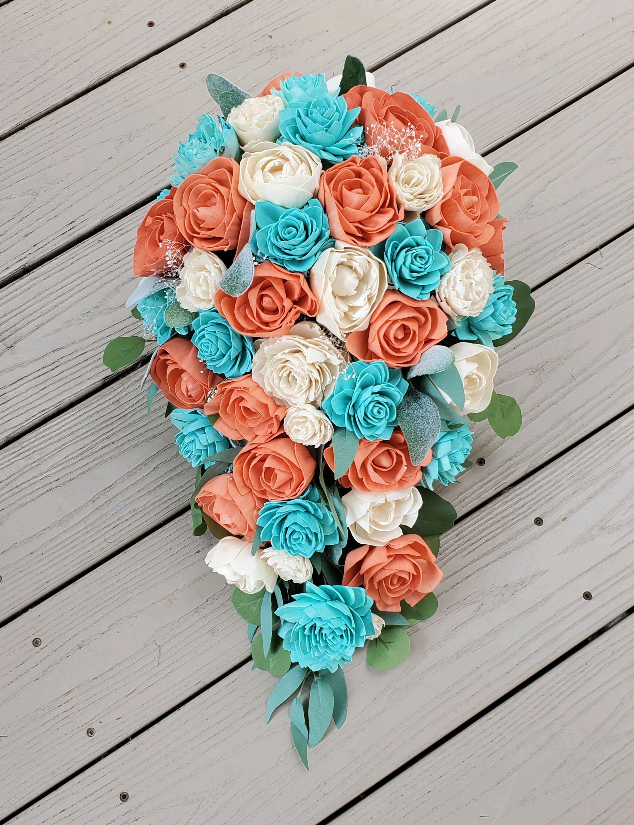 Coral Turquoise Bridal Bouquet, Sola Wood Cascade Bridal Bouquet, Blue Coral Wedding Flowers, Tropical Destination Wedding Bouquet