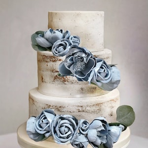 Dusty Blue Sola Wood Wedding Cake Flowers, Reusable Light Blue Wedding Cake Garland, Blue Cake Topper, Dusty Blue Rose Wedding Decor