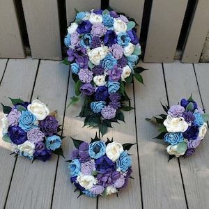 13PC Purple Lavender Blue Sola Wood Wedding Flower Set, Cascade Bridal Bouquet & Bridesmaid Package, Purple Blue Faux Wedding Party Flowers