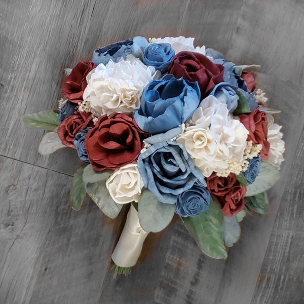 Dusty Blue Wedding Bouquet with Dark Red Wine Sola Wood Hydrangea Flowers for Bridal & Bridesmaid Bouquets, Prom Boutonnieres Corsages