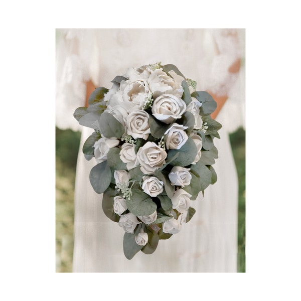 Cascade Sola Wood Bridal Bouquet, White Rose Eucalyptus Cascade Wedding Bouquet, Boho Wedding Flowers, Lambs Ear Greenery Bridesmaid Bouquet