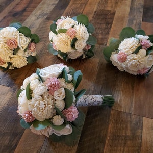 8PC Blush Pink Wedding Flower Set Ivory Cream Sola Wood Flowers White Bridal Bouquet Bridesmaid Bouquets Groom Best Man Boutonniere