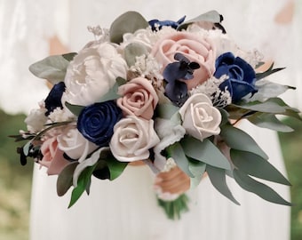 Blush Pink Navy Sola Wood Bridal Bouquet for Weddings, Dusty Rose & Blue Wedding Flowers, Artificial Wooden Flower Bouquet, Pink Navy Decor