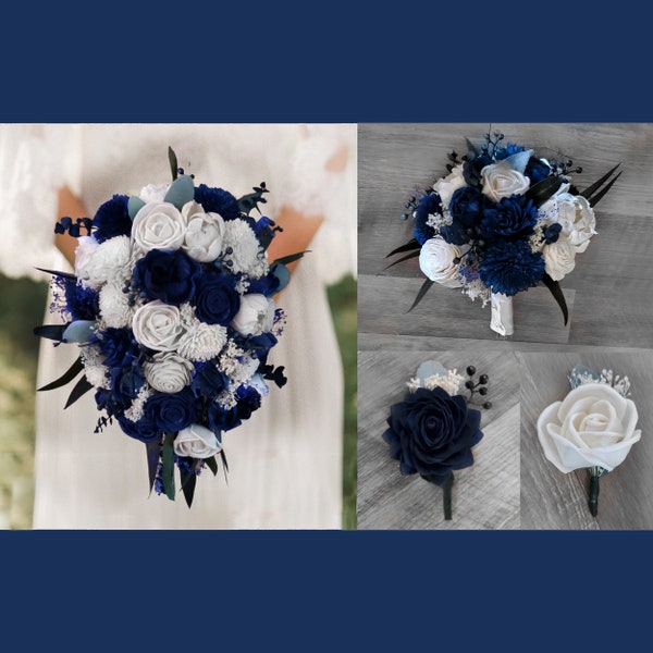 Navy White Wedding Bouquet Sola Wood Flower Bridal Bouquet Bridesmaid Groom Boutonniere Mother of the Bride Corsage BOHO Blue Prom & HOCO