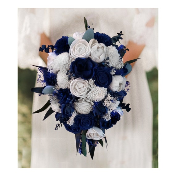 Royal Blue Silver Sola Wood Flower Bridal Wedding Bouquet Accessories