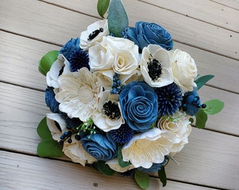 Blue Thistle Anemone Bridal Bouquet for Wedding made of Sola Wood Flowers, Bridesmaid Flower Bouquet, Steel Blue Wedding Flowers & Decor