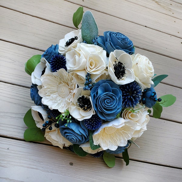 Blue Thistle Anemone Bridal Bouquet for Wedding made of Sola Wood Flowers, Bridesmaid Flower Bouquet, Steel Blue Wedding Flowers & Decor