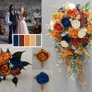 Burnt Orange Bridal Sola Wood Custom Navy Blue Cascade Bouquet Artificial Wedding Flowers Cascading Natural Bridesmaid Boutonnieres Corsages