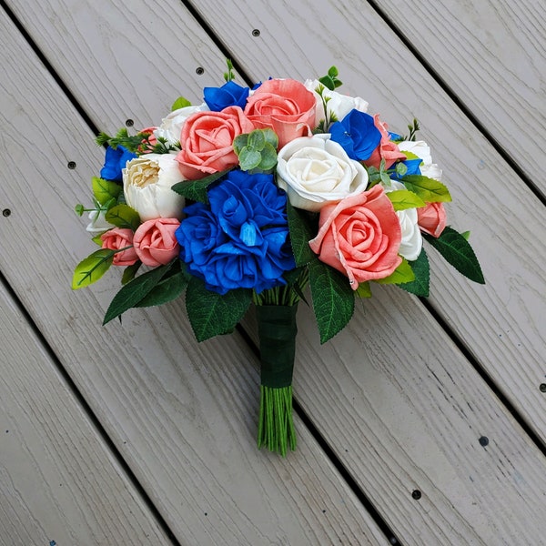 Tropical Wedding Bridal Bouquet, Royal Blue Pink Coral Bridesmaid Bouquet made of Bright Color Sola Wood Flowers, Artificial Wedding Flowers