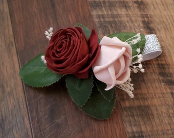 Pink & Burgundy Sola Wood Wrist Corsage | Small Wrist Corsage | Burgundy and Blush Corsage for Weddings | Prom Flowers | Mother of Bride