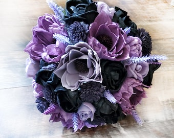 Purple & Black Bridal Bouquet Sola Wood Bridesmaid Lavender Wedding Flowers