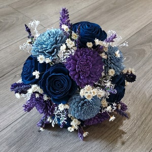 Blue & Purple Sola Wood Bridal Bouquet, Dusty Blue Navy Flower Bouquet, BOHO Wedding Flowers, Blue Purple Bridesmaid Bouquet, Prom Nosegay