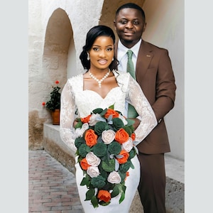 Orange & Green Cascade Bridal Bouquet Sola Wood Dark Forest Green Olive Bridesmaid Wedding Flowers