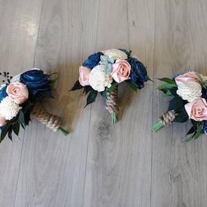 Rose Gold Bridesmaid Bouquets Navy Blue Sola Wood Flowers, Pink Nosegay Wedding Artificial Bridal Bouquet Bulk Centerpiece Arrangements