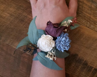 Dusty Blue Burgundy Corsage, Sola Wood Wedding Wrist Corsage for Mother, Dark Burgundy Eucalyptus Prom Homecoming Corsage, Mother of Bride