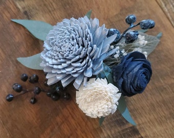 Dusty Blue & Navy White Sola Wood Corsage, Blue Pin Corsage, Artificial Blue Wrist Corsage, Dusty Blue Wedding Flowers, Blue Mother of Bride