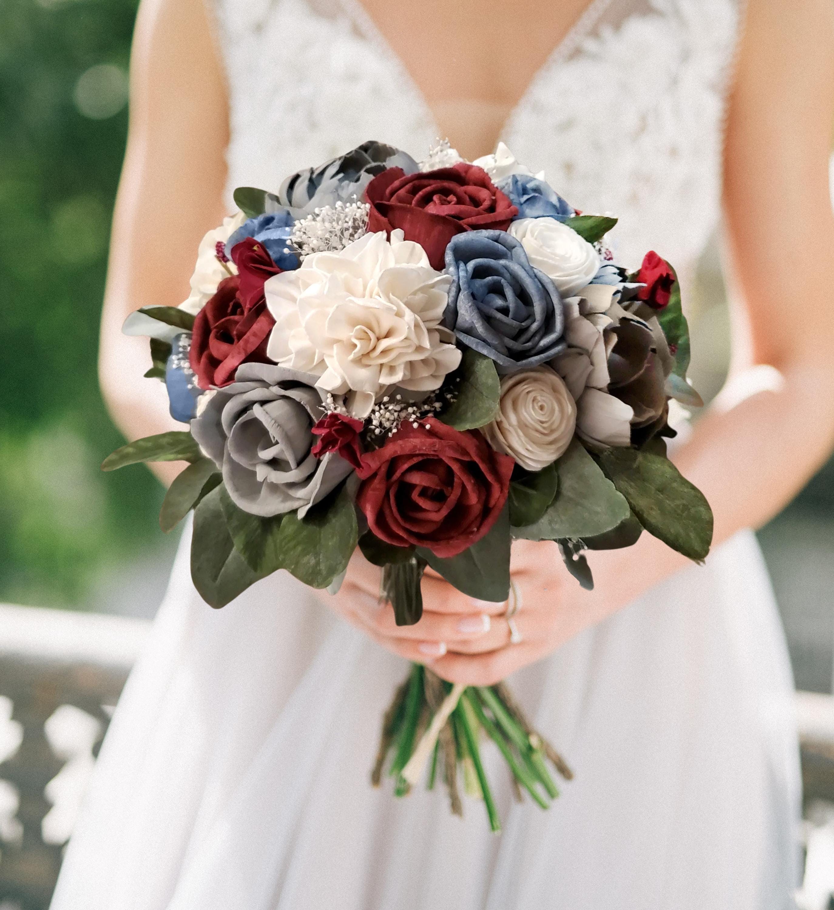 Burgundy Dusty Blue Bridal Bouquet
