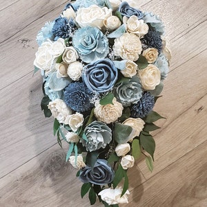 Dusty Blue Bridal Cascade Sola Wood Wedding Flowers Natural Pale Blue & White Rose Bridesmaid Bouquet Mother Corsage Groom Boutonniere Prom