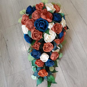 Burnt Orange Navy Bridal Cascade Bouquet Fall Color Blue Sola Wood Cascading Wedding Flower Artificial Bridesmaid Corsage Boutonniere Prom