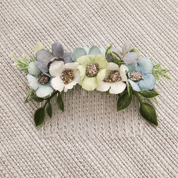 Blue Wedding Hair Flowers, Bridesmaid Dusty Blue Flower Hair Comb, Flower Girl White Flower Hair Style, Bridal Silk BOHO Updo Eucalyptus Pin