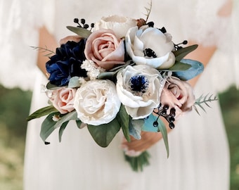 Mauve & Navy Sola Wood Bridal Bouquet, Pink Navy Wedding Bouquet, Anemone Flower Bouquet, Blue Pink Hydrangea Bouquet, Pink Navy Wedding