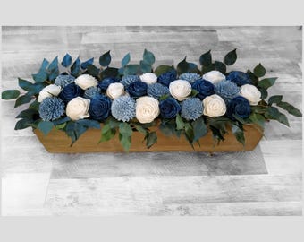 Long Navy, Cream and Dusty Blue Sola Wood Head Table Centerpiece Flower Arrangements, Centerpiece Boxes for Wedding Tables, Window Box Decor