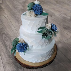3PC Dusty Blue & Sage Cake Flowers, Dusty Blue Wedding Cake Topper, Reusable Wedding Cake Decor, Blue Sage Sola Wood Wedding Cake Flowers