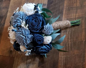 Ramo de novia azul marino y blanco, ramo de flores de madera sola azul y  blanco, flores de boda azul marino y blanco, ramo de novia artificial azul