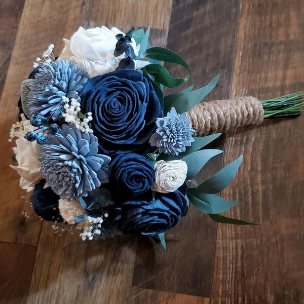 Navy Dusty Blue White Bridal Bouquet, Blue White Sola Wood Flower Bouquet, Dusty Blue Navy Wedding Flowers, Blue Artificial Bridal Bouquet