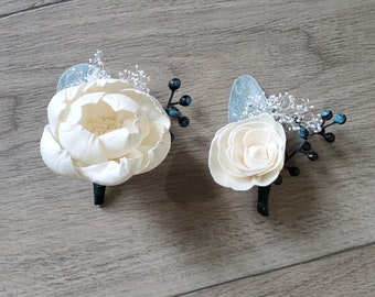 2PC Father Son Boutonniere Set, White Peony Sola Wood Navy Boutonniere Set, Ivory Wedding Child Pin on Flower, Groom Ring Bearer Flowers