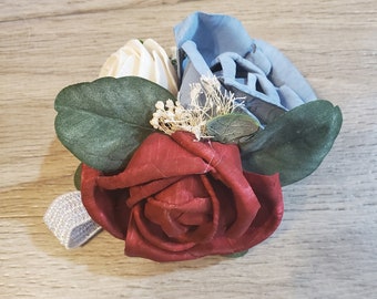Burgundy Dusty Blue Corsage made of Sola Wood Flowers for Weddings Homecoming & Prom,  Dark Red Rose Mother of the Bride Wrist Corsage