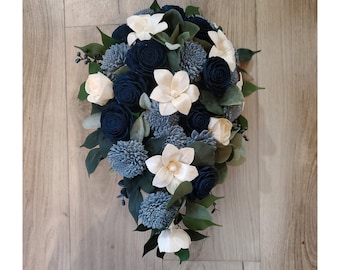 White Lily Blue Wedding Bouquet, Dusty Blue Navy Cascading Sola Wood Bridal Bouquet, Artificial Cascade Bouquet, Bridesmaid Bouquet Flowers