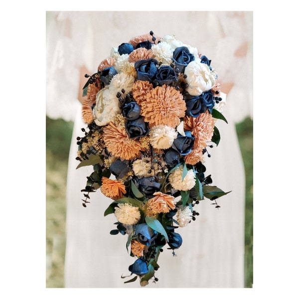 Peach & Navy Bridal Bouquet, Blush Peach Navy Sola Wood Cascading Wedding Bouquet, Fall Color Wedding Flowers, Light Orange Bridesmaid