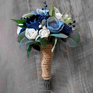 Dusty Blue Thistle Bridesmaid Wedding Bouquets, Navy Blue Sola Wood Nosegay for Flower Girl Mother of the Bride Prom Homecoming Boutonniere