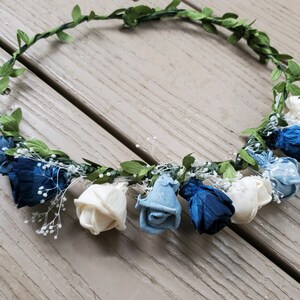 Dusty Blue Flower Crown, Small Flower Girl Crown, Hair Flowers for Wedding, Blue & White Bridesmaid Hair Roses, Navy Eucalyptus Hair Wreath
