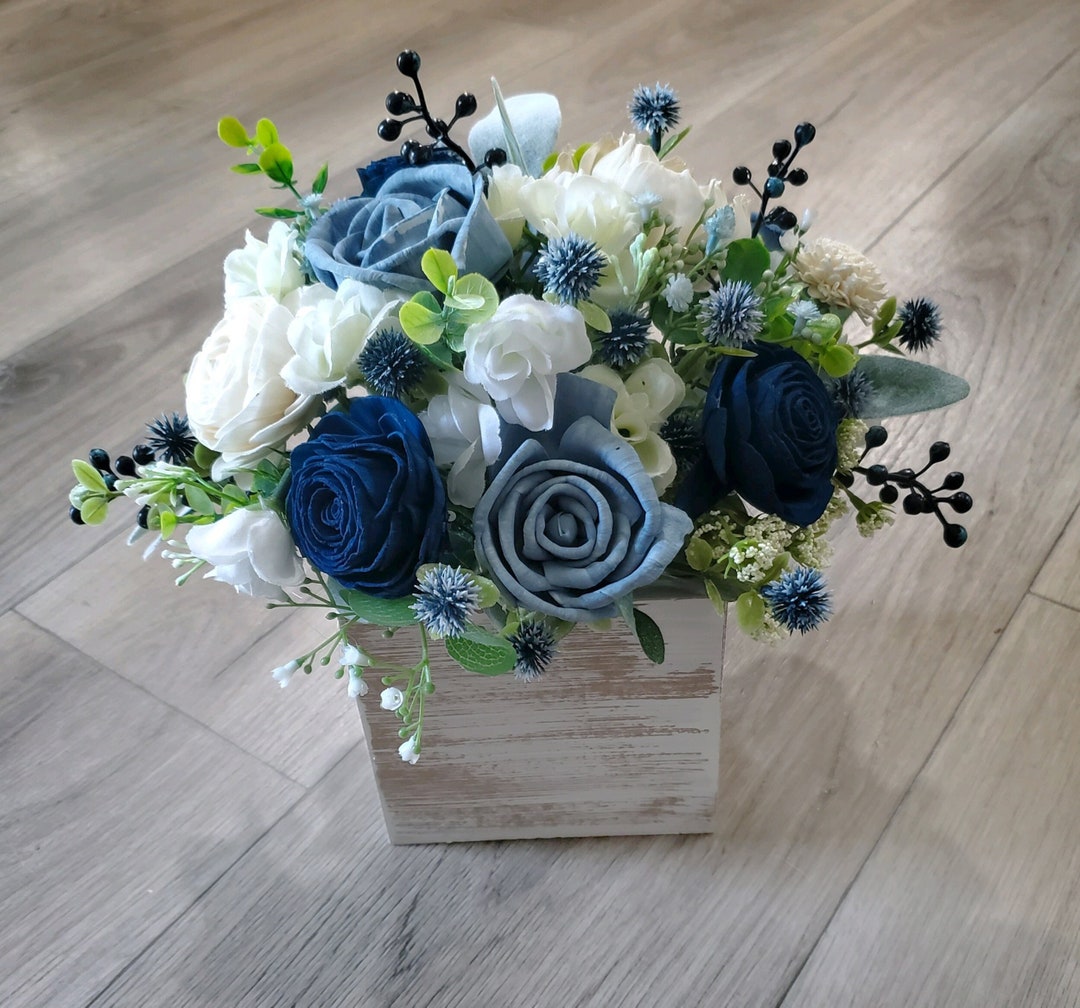 Dusty Blue Navy White Sola Wood Flower Centerpiece, Blue Table Decor ...