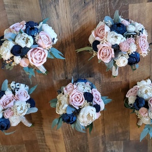 Bridesmaid Bouquets - Buy More Save More, Pink Navy Blue Sola Wood Bouquet, Blush Blue Rose Wedding Bouquet, Blush Eucalyptus Bridal Bouquet