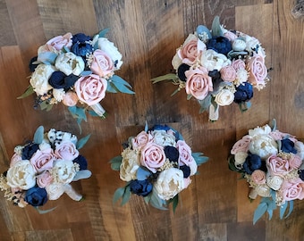 Bridesmaid Bouquets - Buy More Save More, Pink Navy Blue Sola Wood Bouquet, Blush Blue Rose Wedding Bouquet, Blush Eucalyptus Bridal Bouquet
