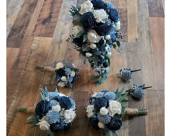 18PC Dusty Blue Navy White Wedding Flower Set, Dusty Blue Bridal Cascade Bouquet Package, Blue Sola Wood Wedding Flowers, Dusty Blue Wedding