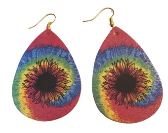 Boucles d'oreilles fleuries colorées tie-dye en cuir PU, larme multicolore légère, bijoux hippie BOHO, boucle d'oreille pendante rouge, cadeau de vacances pour maman